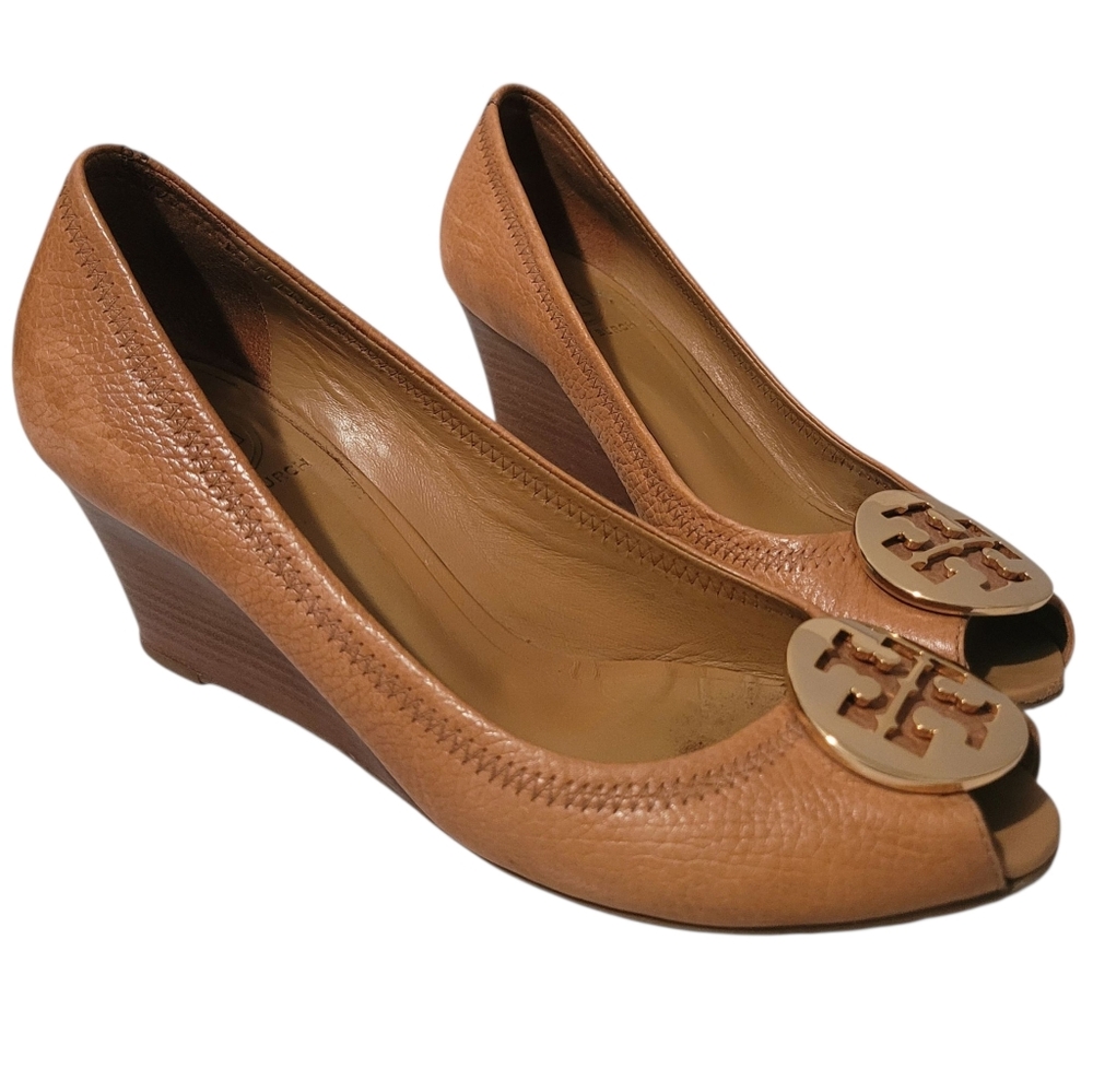 Tory Burch Tan Leather Wedge Peep-Toe Pumps with Gold Logo